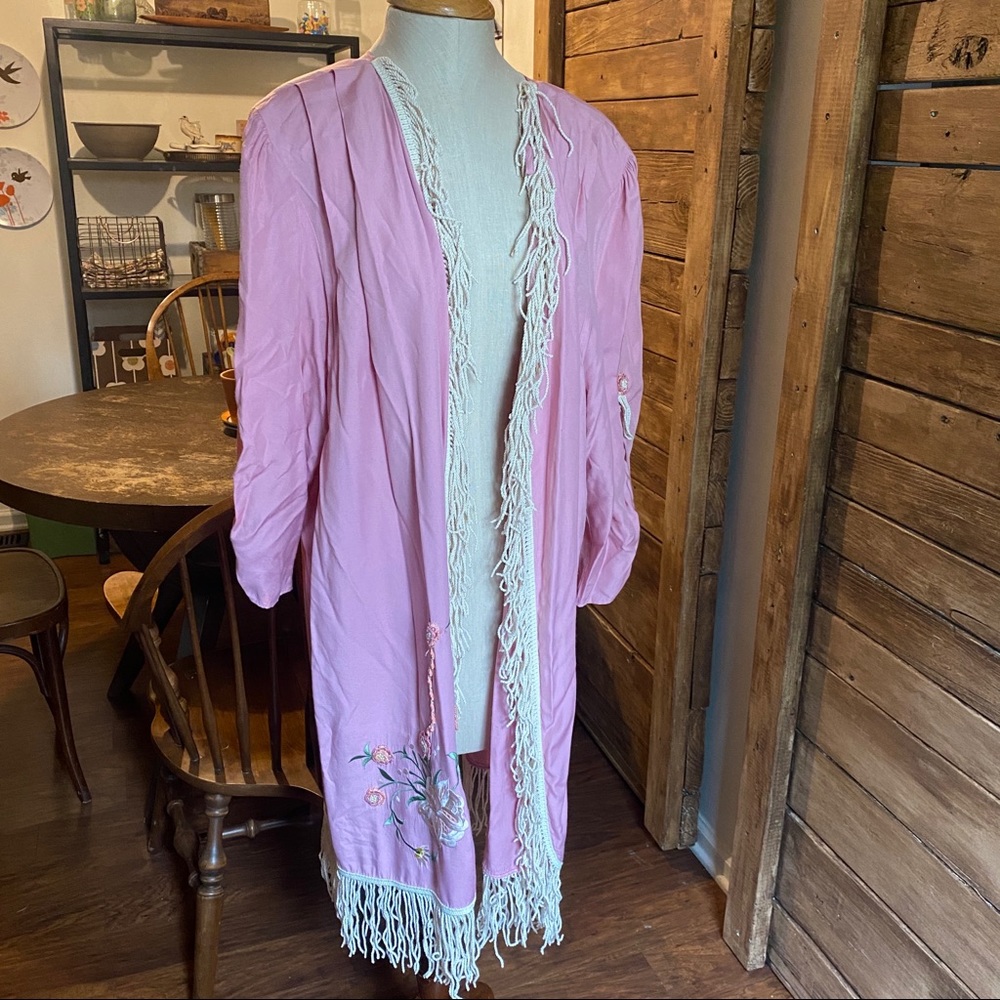 Vintage Lacy After Noon by Shell Kepler pink fringe western robe shawl duster XL